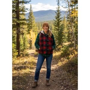 Cabin Core Adventure SizePL Women's red/black hooded faux sherpa lined vest 0211